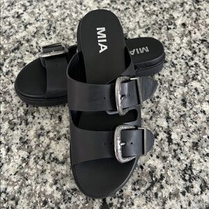 MIA Black Slide Sandals with Decorative Silver Buckles